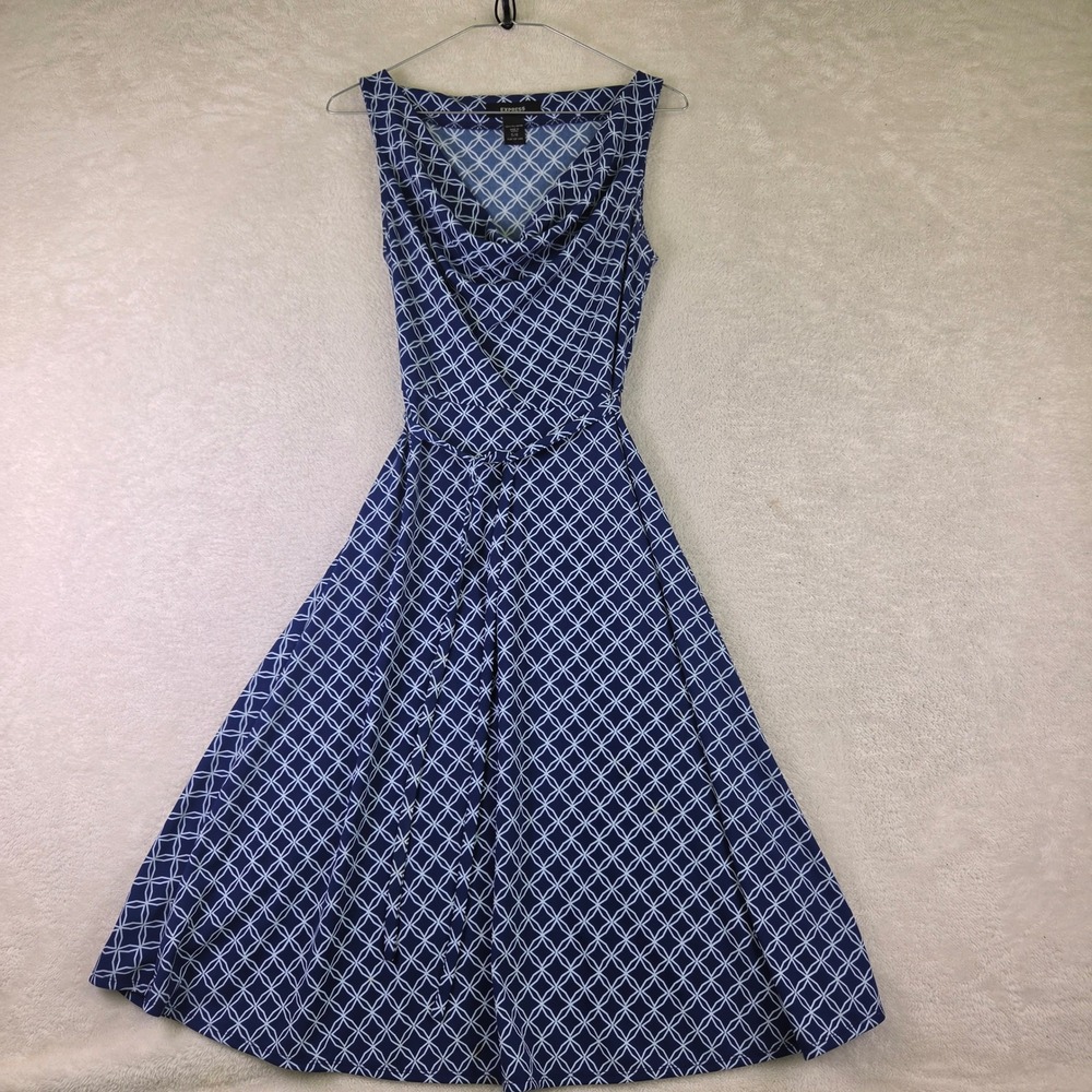 Express Navy Blue White Geometric Cowl Neck Sleeveless Fit Flare Dress 5/6